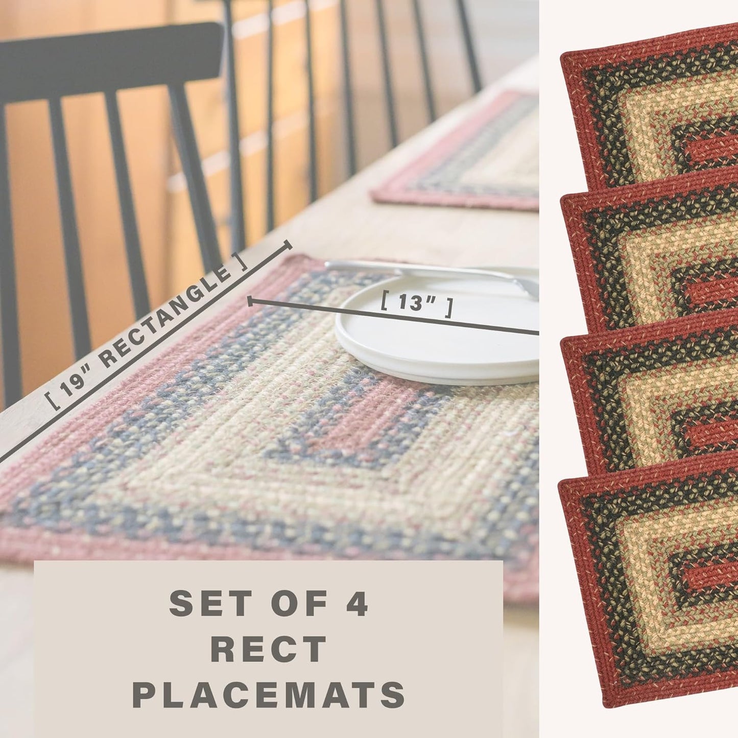 Homespice Highland Jute Woven Placemats, Warm Country and Cabin Decor, Set of 4, Multicolor 13x19 Rectangle Table Mats - Vibrant Colors, Durable, Easy to Clean and Protects Furniture