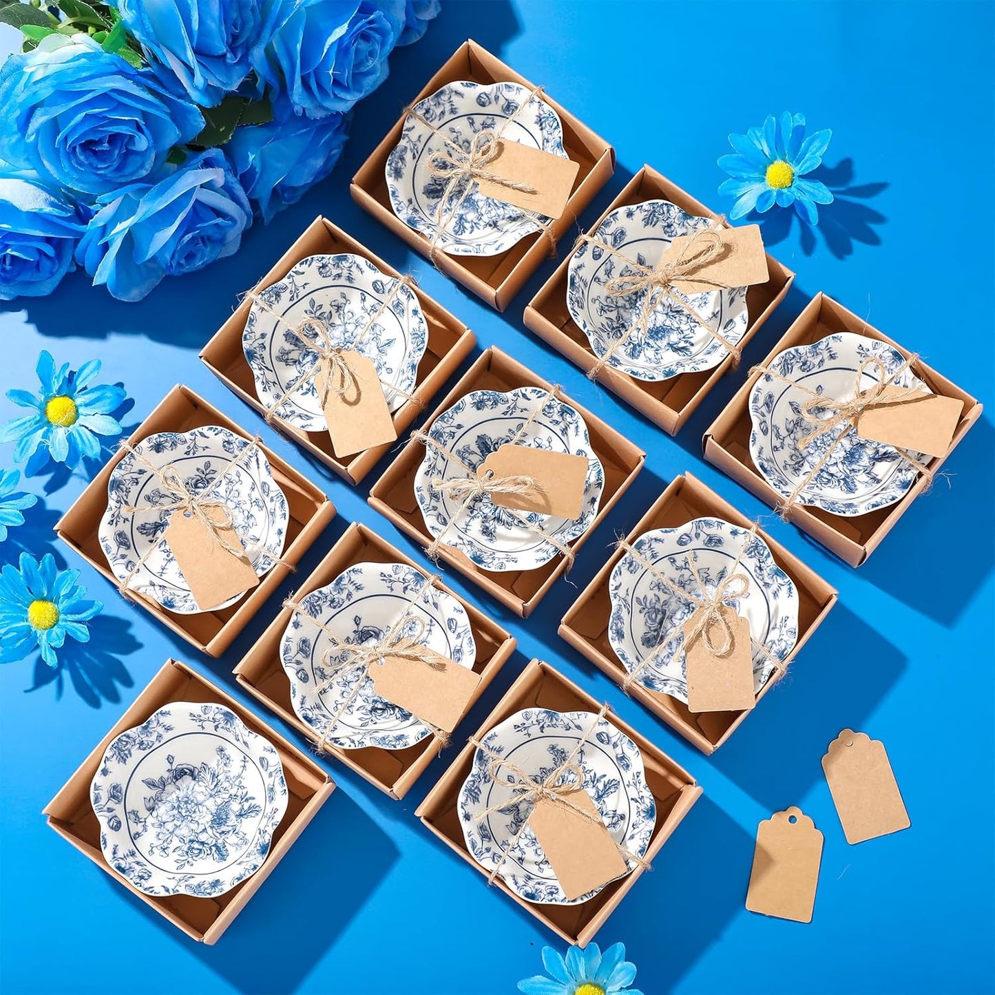 12 Pcs Wedding Favors for Guests Small Ceramic Bowl Bulk Gifts Set 3.3 Inch Floral Design Mini Dipping Bowl Sauce Dish with Cards Box for Bridal Baby Shower Birthday Guest Gift (Blue)