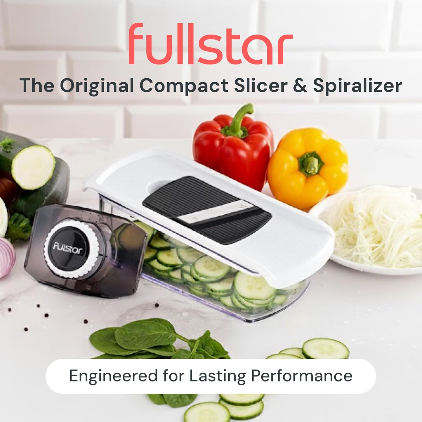 Fullstar Mandoline Slicer for Kitchen, Fruit Cutter, Cheese Grater, Cucumber Slicer, Veggie Spiralizer, Food Cutter & Kitchen Gadgets with Safety Glove (6 in 1, Gray/Green)