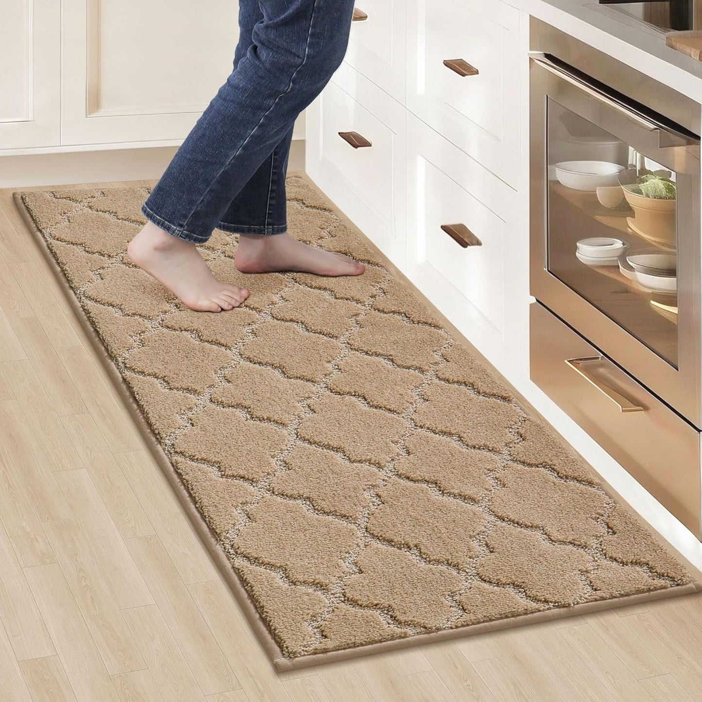 COSY HOMEER-Kitchen-Rugs 20"x48" Non-Slip Absorbent Soft Kitchen Runner Rug Polyester Kitchen Mats for Floor Washable Kitchens Standing Floor Mat for Sink Mat,Hallway,Laundry, Beige