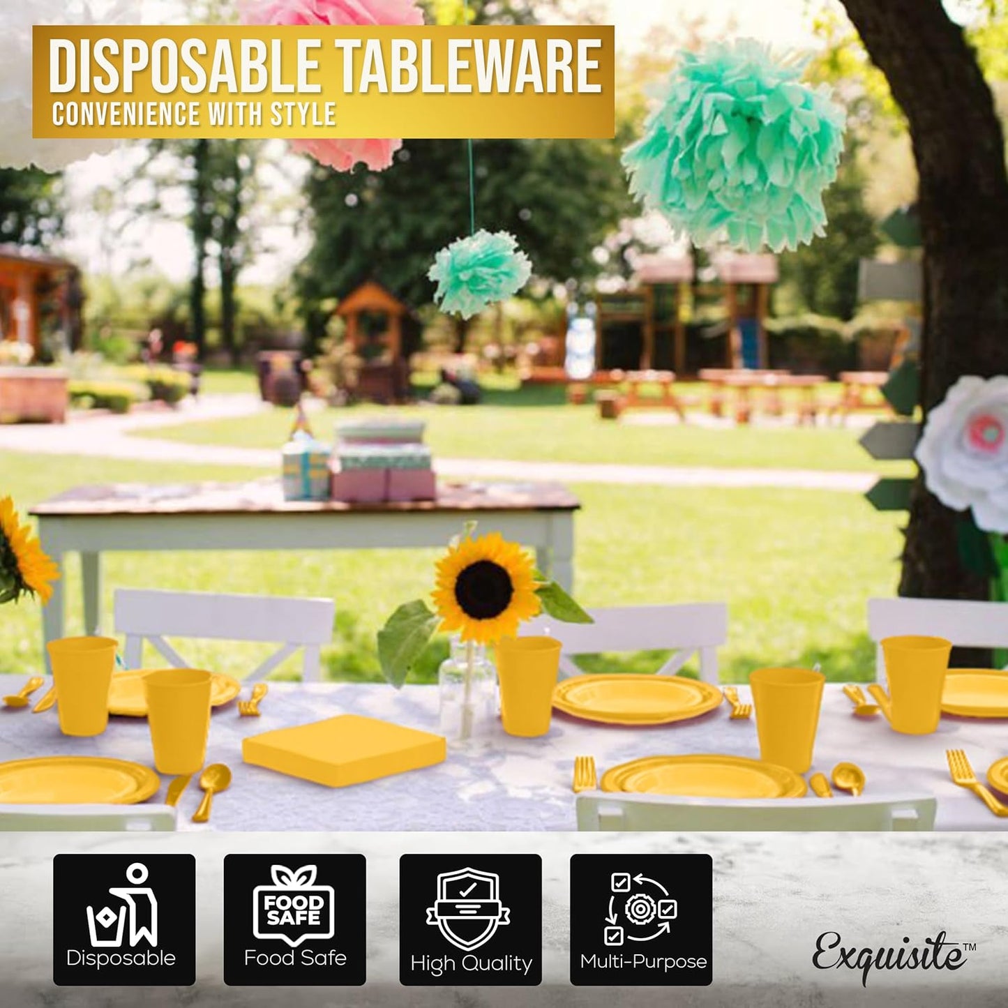 Party Solids 350 Pieces Yellow Plastic Plates For Party, Yellow Disposable Plates Set, 50 Of Each 9" Dinner Plate Set, 7" Dessert Plate, Cups, Napkins & Cutlery Plastic Dinnerware