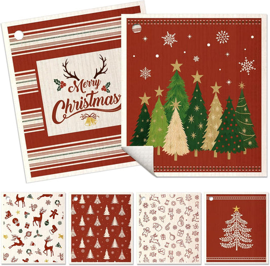 6 Pack Christmas Swedish Dishcloths for Kitchen - Reusable Dish Cloths for Washing Dishes Absorbent Cute Holiday Kitchen Towels Cleaning Sponge, Red Xmas Theme