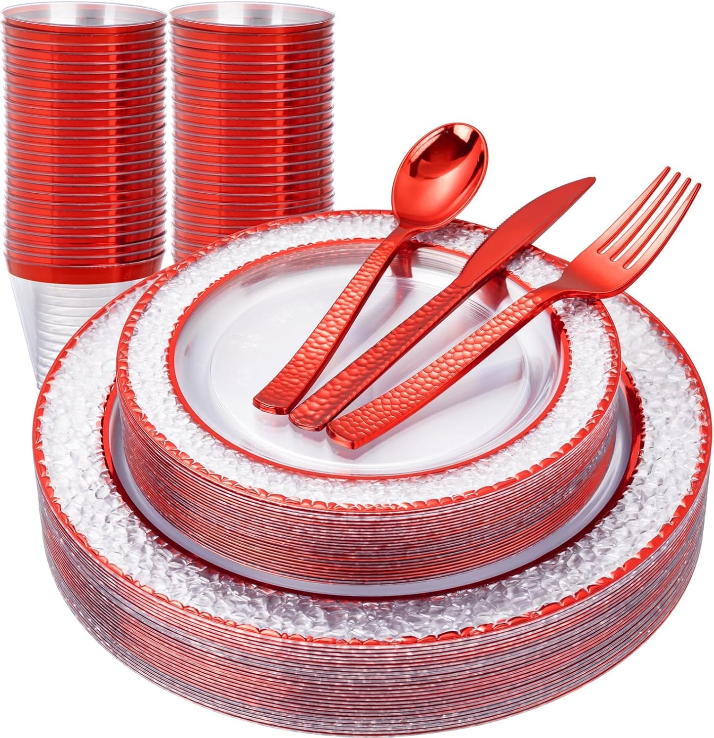 Ciaell 150 PCS Red Plastic Plates – Clear Hammered Disposable Plates with Red Rim include 50Plates, 25Forks, 25Knives, 25Spoons, 25Cups for Wedding & Party & Anniversary & Christmas