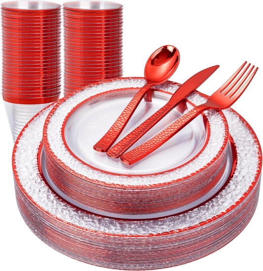 Ciaell 150 PCS Red Plastic Plates – Clear Hammered Disposable Plates with Red Rim include 50Plates, 25Forks, 25Knives, 25Spoons, 25Cups for Wedding & Party & Anniversary & Christmas