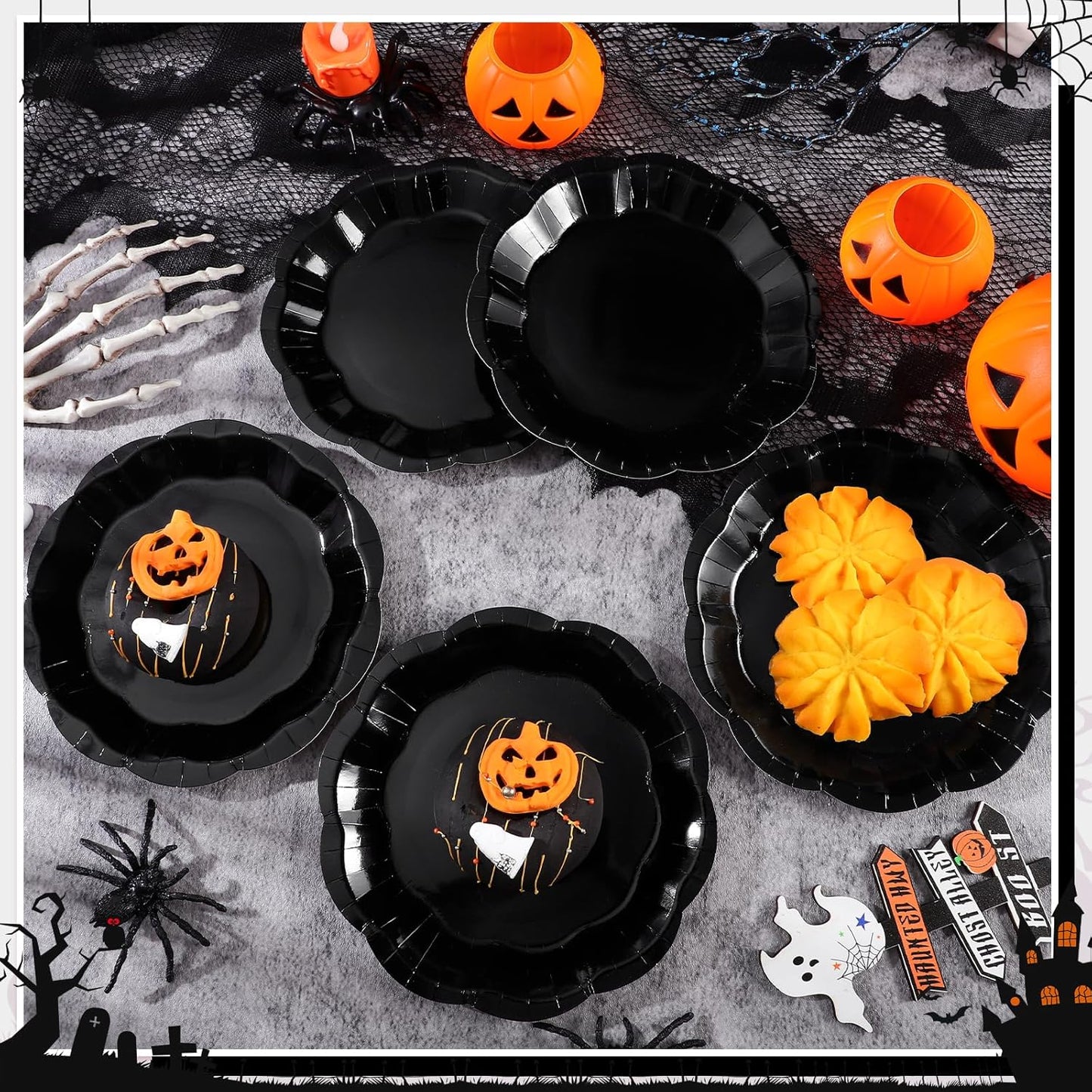 30pcs Black Halloween Paper Plates, 7 in Scalloped Halloween Party Plates Black Dessert Cake Plate Disposable Paper Plate for Wedding, Birthday, Holiday Party