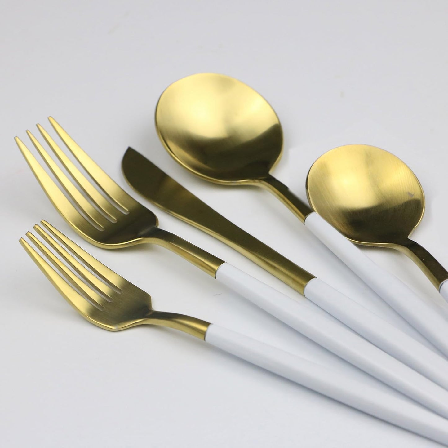 5-Pieces Luxury White Handle Gold 18/10 Stainless Steel Flatware Set, Matte Finish, Service for 1
