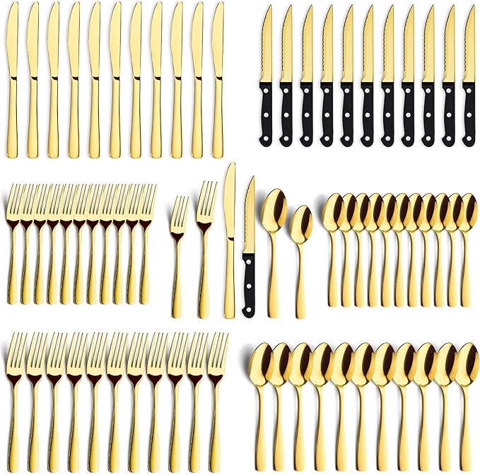 BEWOS 72-Pieces Gold Silverware Set for 12 - Stainless Steel Flatware Set with Mirror Polish, Gold Silverware Set Including Steak Knives, Forks and Spoons, Dishwasher Safe for Restaurant