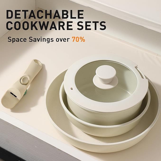 Ceramic Cookware Set 9 Pcs Pots and Pans Set with Detachable Handles Cooking Pan Saucepan Set Skillet Healthy Induction Cookware Oven Safe Dishwasher RV Kitchen Black