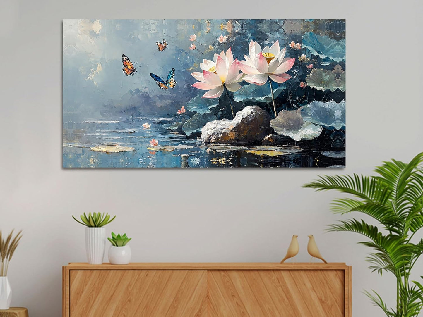 Ardemy Lotus Wall Art for Living Room Butterfly Large Canvas Art Wall Decor Textured Pictures Artwork Bedroom Kitchen Dining Home Office, Large 48"x24"