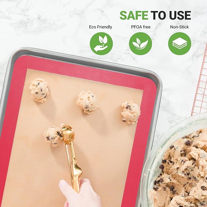 Nutrichef Silicone Baking Mats - 2 Non-stick Food-Grade Silicone Mats - Perfect for Full Baking Pans 24.4 x 16.5 IN - Oven-safe Up to 480 Degrees F - Suitable for Ovens, Freezers, & Dishwashers - Red