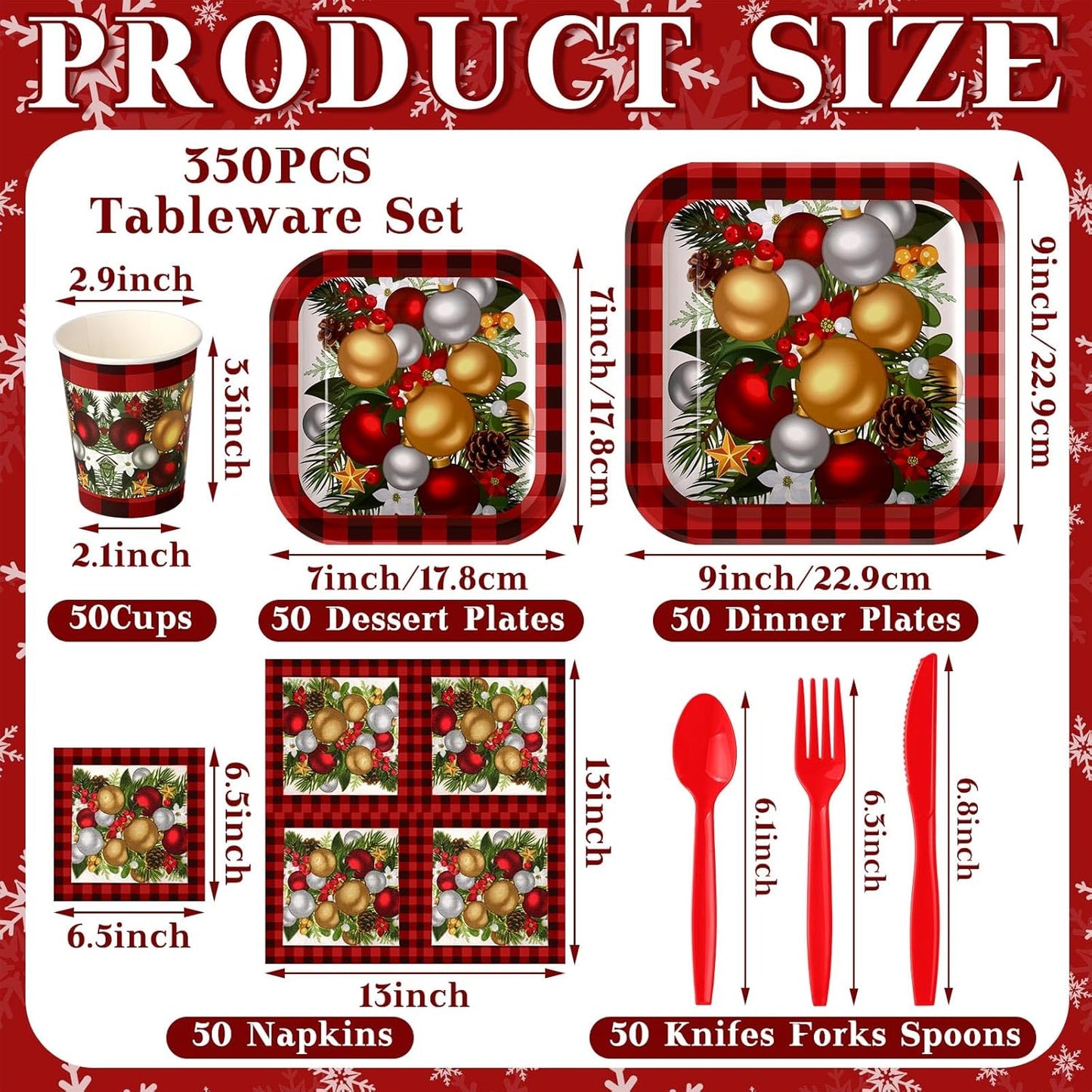 350 Pcs Paper Plates and Napkins Set Disposable Dinnerware Party Supplies Tableware Serve 50 Guest Cups Knife Forks Spoon(Red,Christmas Tree)