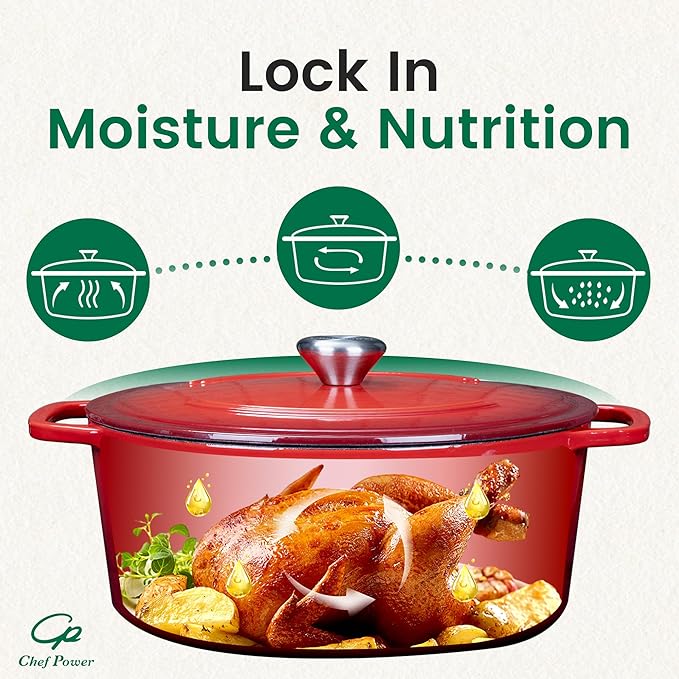 Chef Power Dutch Oven Pot with Lid 6QT, Enameled Cast Iron Dutch Oven for Bread Baking, Braising, Stews, Roasting, Oven Safe Dutch Ovens, Gradient Red