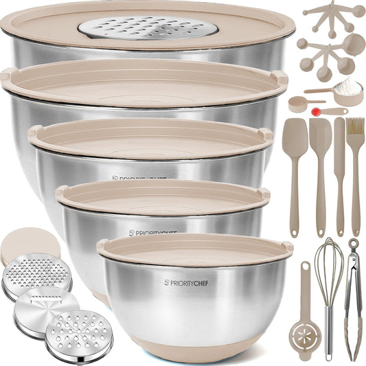 Priority Chef Stainless Steel Mixing Bowls with Lids Set, Metal Nesting Bowls with Airtight Lids, Graters, Non-Slip Base & Measurement Marks, Includes Utensil Set for Prep, Baking & Storage, Khaki