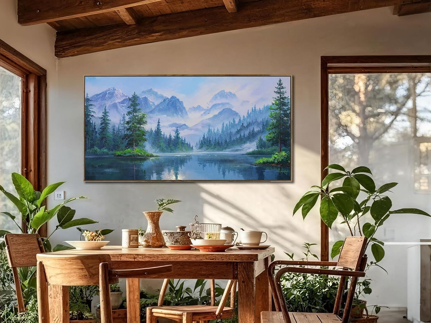 Ardemy Large Landscape Canvas Wall Art for Living Room Framed Lake Teal Pictures Bedroom Wall Decor Textured Misty Forest Scenery Paintings Artwork for Walls Home Office, 48"x24"