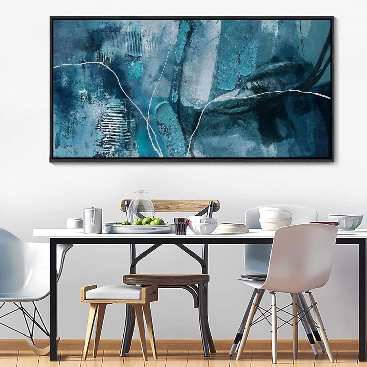 Abstract Canvas Wall Art -Blue-Green and Fan Art Large Wall Decor for Living Room Bedroom Decoration Framed Teal Pictures Artwork for Walls Size 29x58Inches