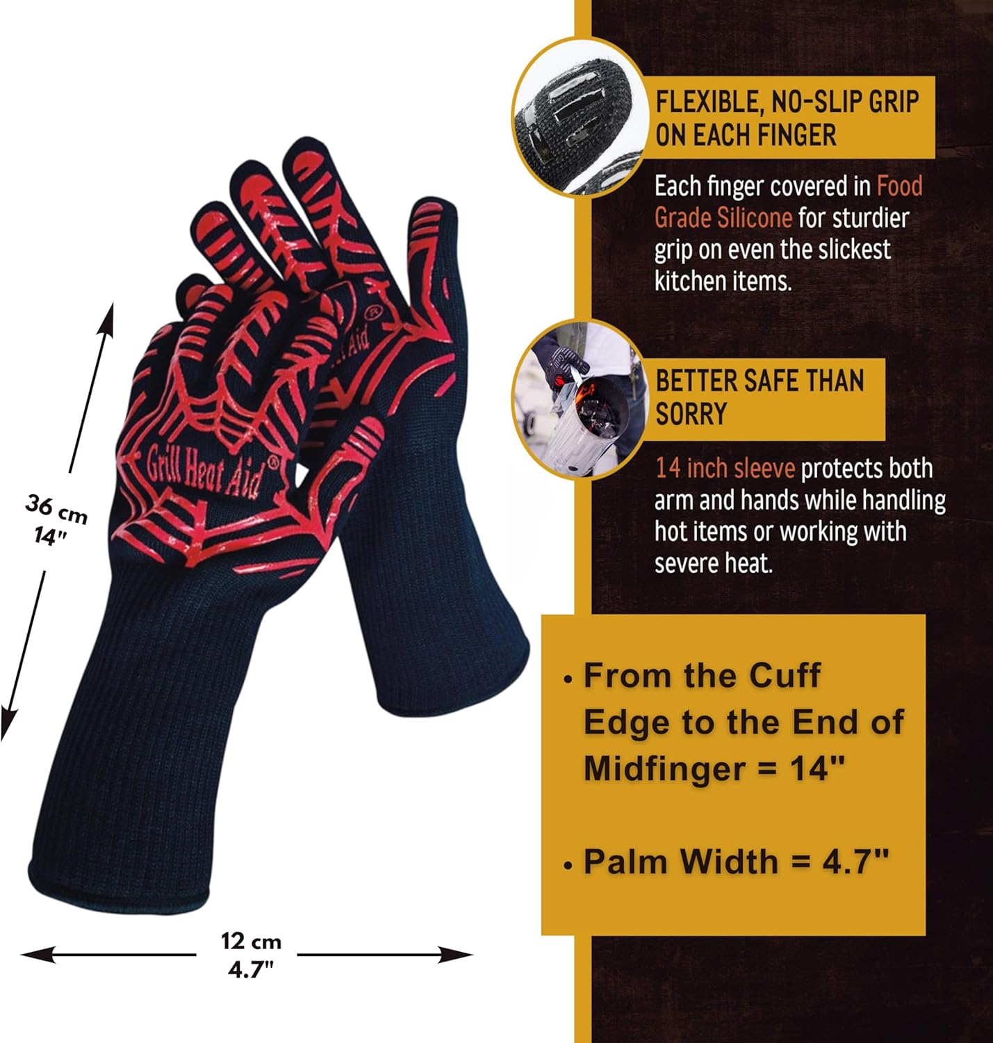 GRILL HEAT AID BBQ Grill Gloves Heat Proof for Grilling – Fireproof 1472°F Heat-Resistant Grill Mitts for Outdoor Barbecue and Smoker, Campfire, Fire Pit, Oven Glove with Fingers for Baking Pizza