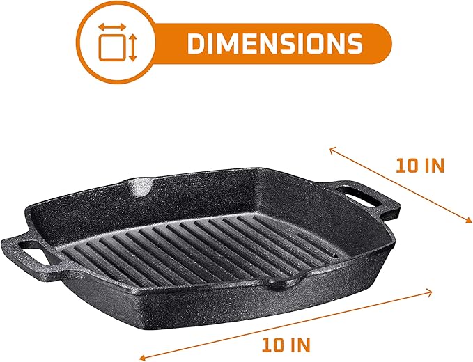 Bruntmor 10 Inch Square Cast Iron Grill Pan Steak Pan Pre Seasoned Grill Pan with Easy Grease Drain Spout, with Large Loop Handles for Grilling Bacon, Steak, and Meats