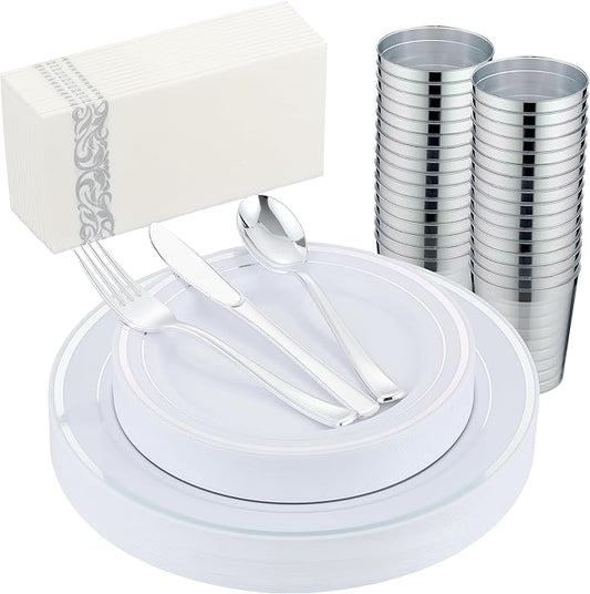 175 PCS Silver Dinnerware Set for 25 Guests, Silver Rimmed Heavy Duty Plastic Disposable Plates for Party Wedding with 25 Dinner Plates,Dessert Plates, Silverware Set, Cups, Napkins