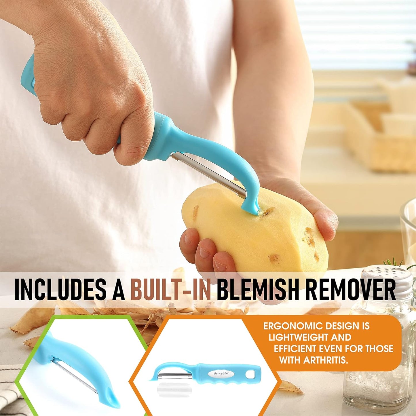 Spring Chef Premium Stainless Steel Vegetable Peeler for Kitchen, Dishwasher Safe Potato Peelers with Non-Slip Handle, Peel Apple, Fruit, Veggie, Carrot, Mango - Set of 2 - Aqua Sky