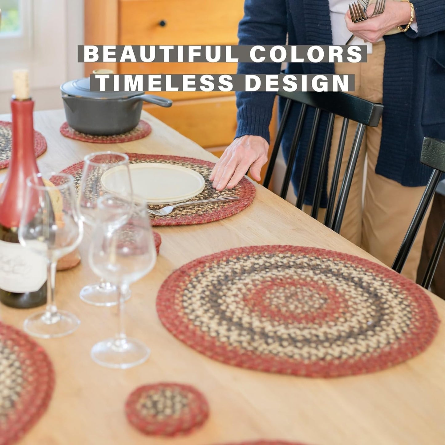 Homespice Chester Jute Braided Trivets for Table, Warm Lodge and Cabin Decor, Set of 3, Red 8" Round Heat Resistant Mats - Rich Colors, Easy to Clean, Durable and Protects Furniture