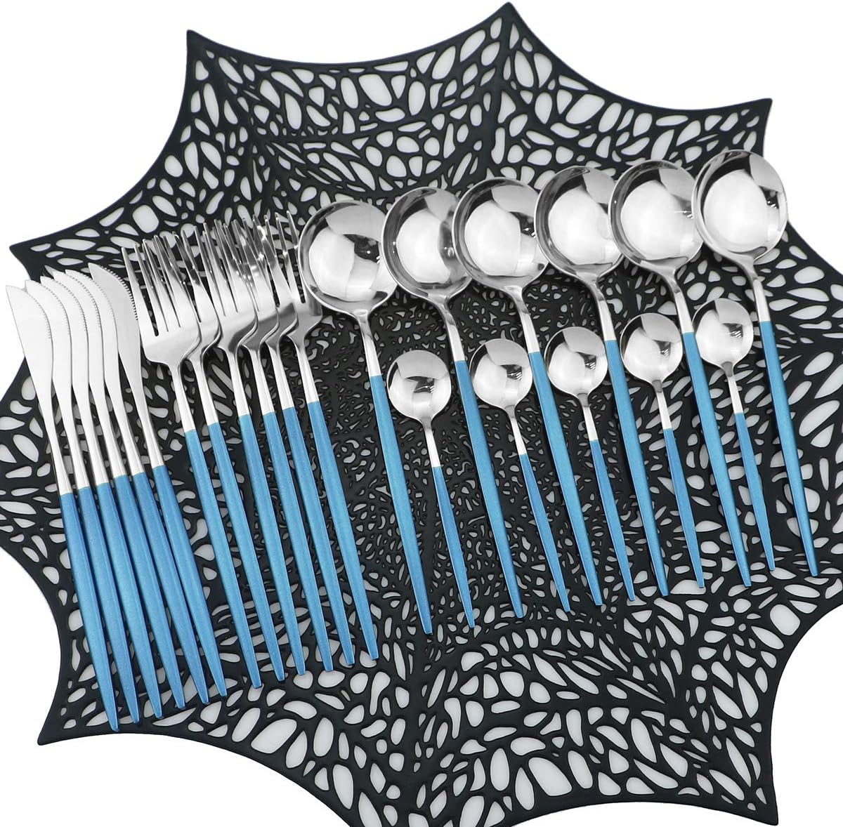 Mirror Silverware Set,24-Piece 304 Stainless Steel Shiny Flatware Set,Kitchen Utensil Set,Tableware Cutlery Set for Home and Restaurant, Dishwasher Safe Service For 6 (Blue/silver)