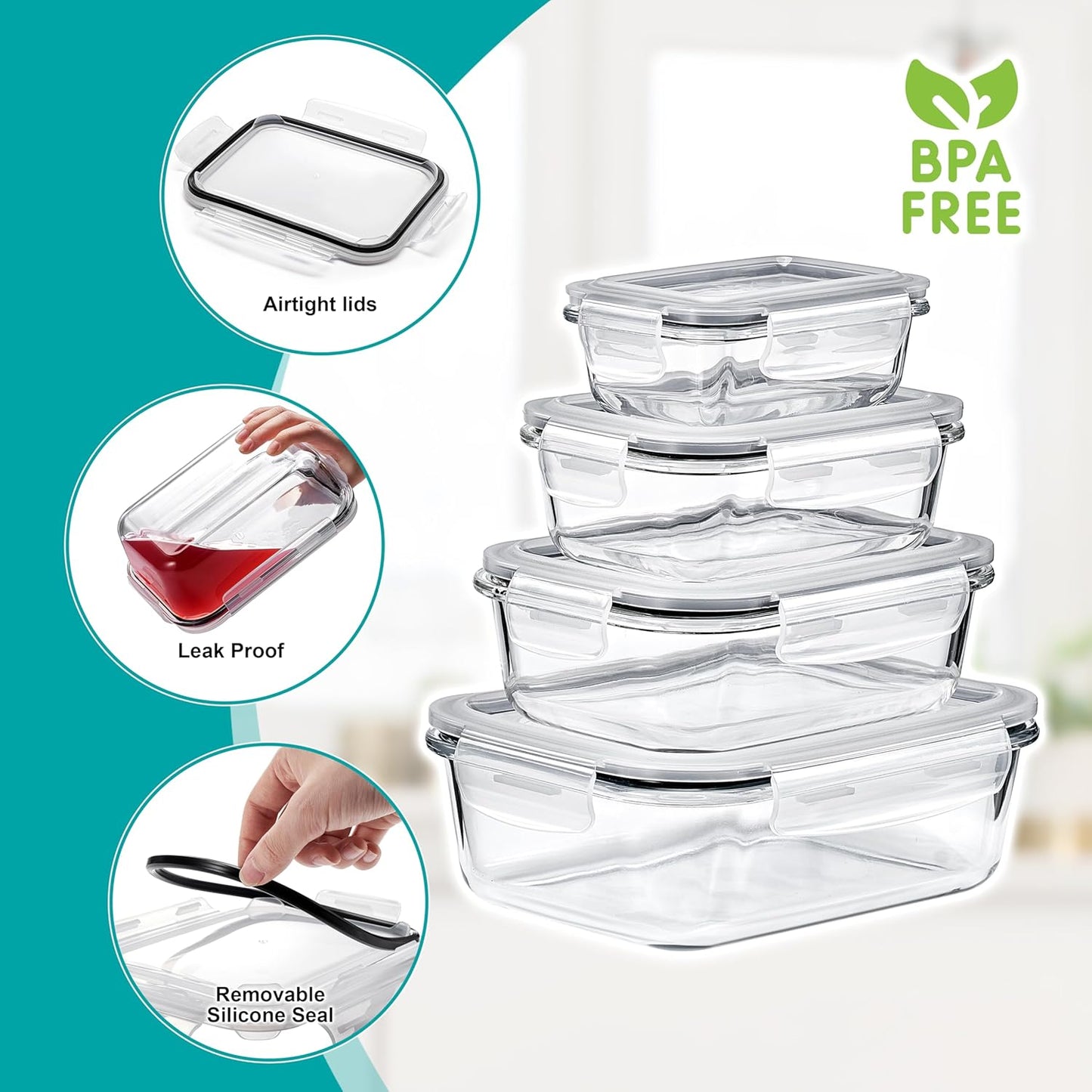 Sorbus 16pc Glass Meal Prep Containers Set – 4 Square and 4 Round Food Storage Containers with Airtight Lids – Freezer, Dishwasher, Oven Safe – Reusable Glass Containers for Meal Prep and Storage