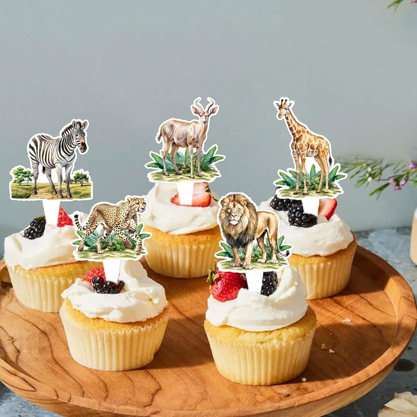 24pcs Jungle Safari Animal Cupcake Toppers,Selected Jungle Themed Children's Party Birthday And Baby Shower Cake Decorations（two-sided）