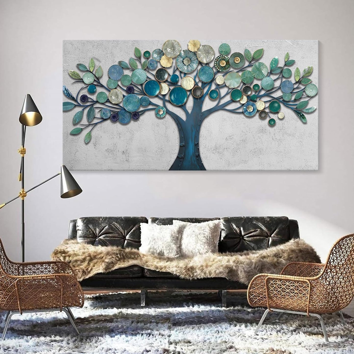 CHATYOUNG Large Canvas Wall Art - Wall Pictures Artwork for Living Room Tree of Life Blue Gold Leaves Gray Background Paintings Bedroom Dining Room Office Kitchen Home Decor 58"x29"