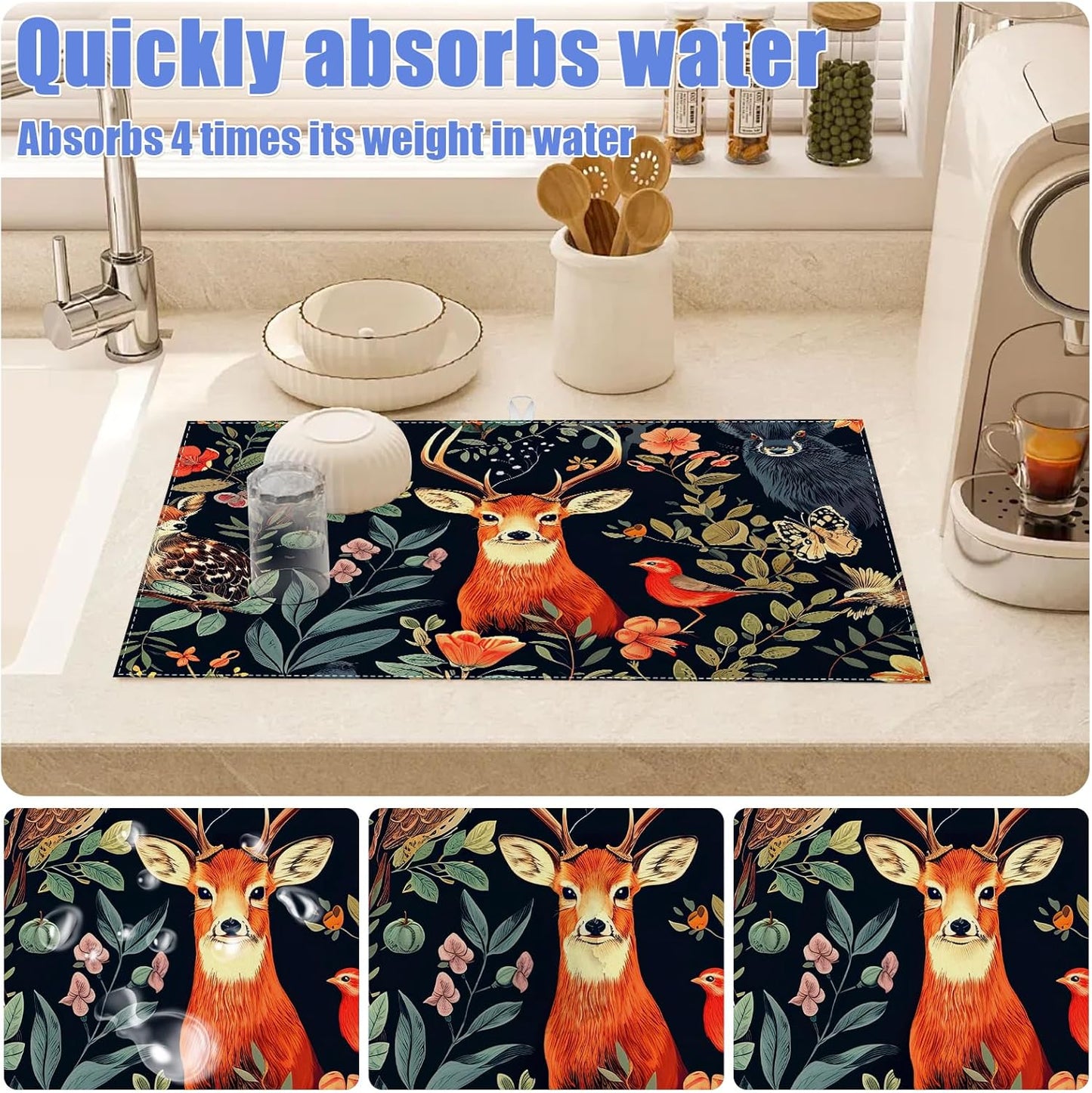 Vintage Deer Dish Drying Mat for Kitchen Counter Wild Animals Drying Pad Absorbent Reversible Dish Drainer Rack Mats Draining Pad 18"x24"Inch