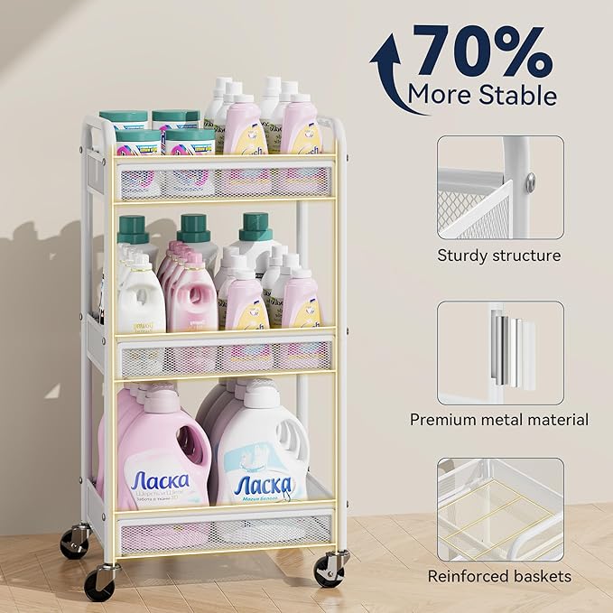 YASONIC 3 Tier Rolling Cart – Metal Utility Storage Carts with Wheels, Craft Carts Organizer with Hanging Cups, Hooks, Mesh Basket for Bedside Kitchen Office Art, White