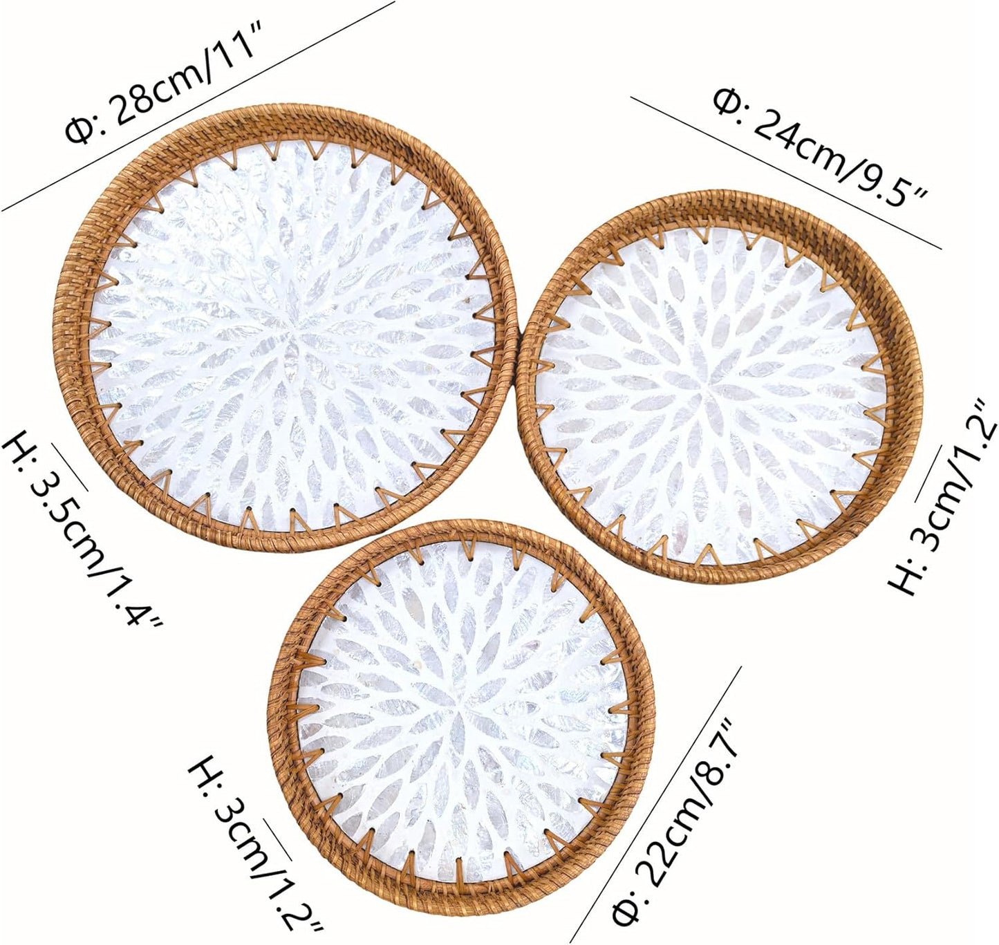 i-lan Set of 3 Rattan and Mother of Pearl Round Serving Trays,3pcs Desk Table Serving Platters,Woven Basket Inlaid Mother of Pearl Plates for Home Décor, Coffee Table,Display