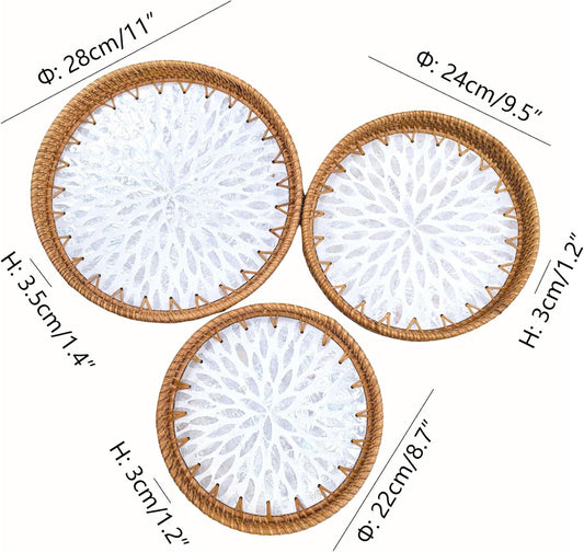 i-lan Set of 3 Rattan and Mother of Pearl Round Serving Trays,3pcs Desk Table Serving Platters,Woven Basket Inlaid Mother of Pearl Plates for Home Décor, Coffee Table,Display