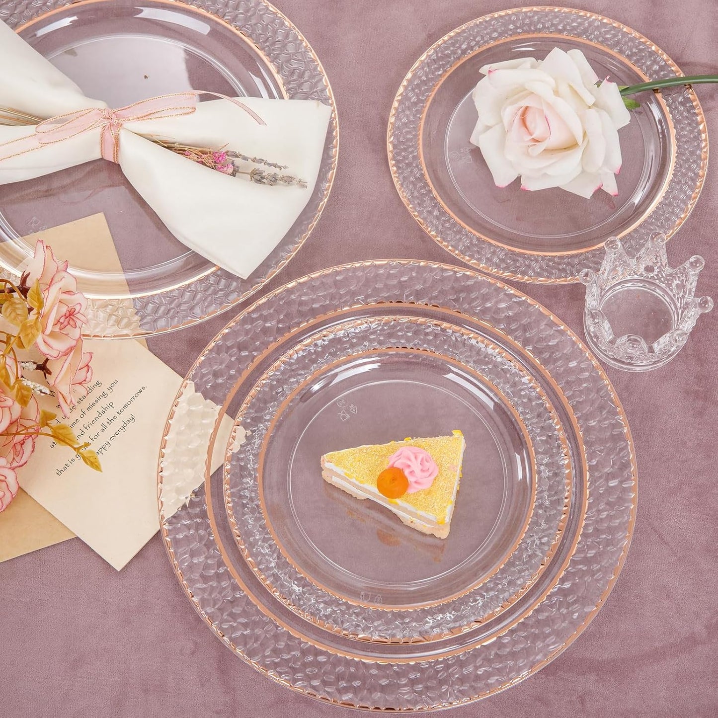 102PCS Rose Gold Plastic Plates - Clear Rose Gold Disposable Plates Include 51PCS 7.5inch Dessert Plate 51PCS 10.25inch Dinner Plate Perfect for Weddings Parties