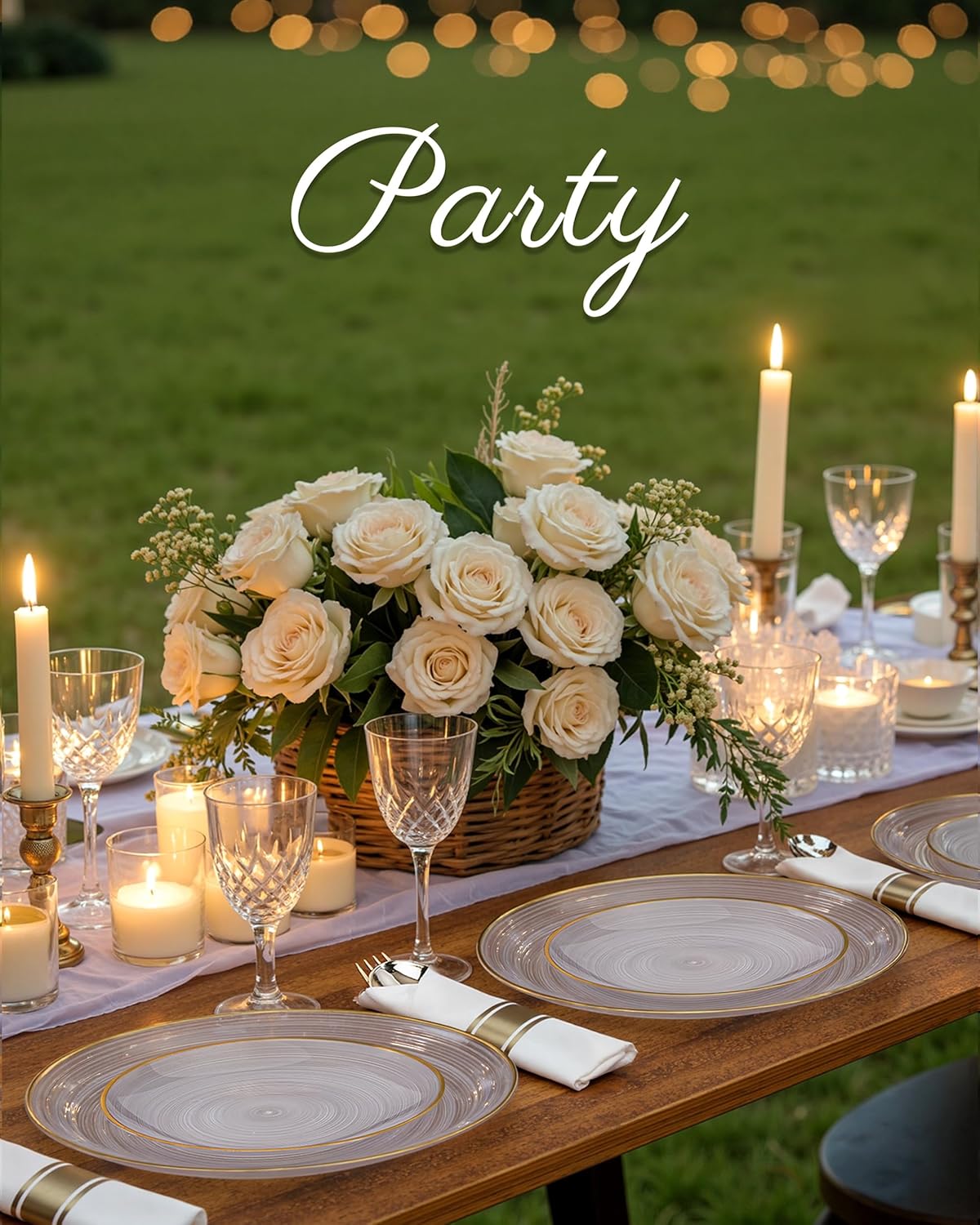 Morejoy 175PCS Clear Gold Plastic Plates - Disposable Gold Party Plates & Pre Rolled Napkins with Cutlery for 25 Guests, 50Plates, 75Silverware, 25Cups, 25Napkin for Party & Thanksgiving