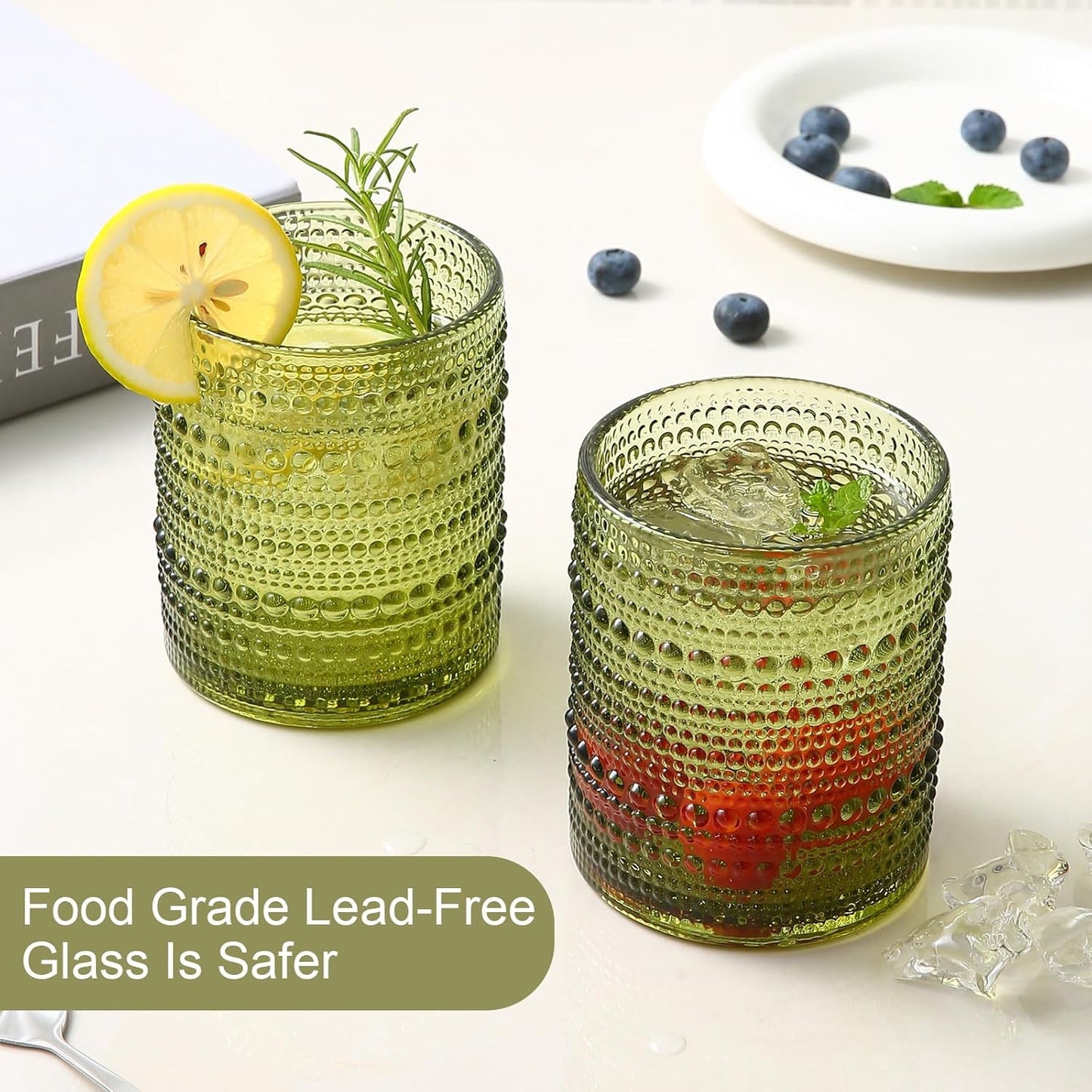 Vintage Glassware Drinking Glasses Set of 6,12 oz Hobnail Glass Cups,Embossed Green Water Tumbler,for Beer,Cocktail,Whiskey,Juice and Various Mixed Drinks- 1 Cleaning Brush