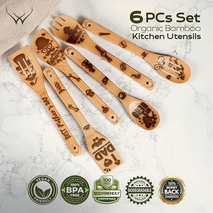 Wooden Spoons for Cooking - 6-Piece Wooden Utensil Set with Spatulas & Spoons, Heat-Resistant, Eco-Friendly Kitchen Utensils for Non-Stick Cookware (Birthday)