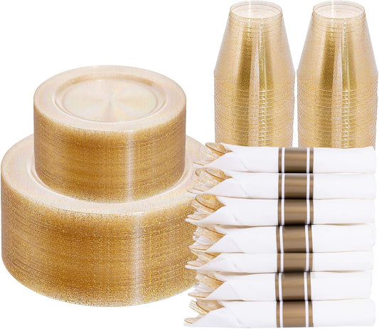 DaYammi 210PCS Gold Glitter Plastic Dinnerware Set for 30 Guests, Fancy Disposable Plates for Party, Include: 30 Dinner Plates, 30 Dessert Plates, 30 Pre Rolled Napkins with Gold Silverware, 30 Cups