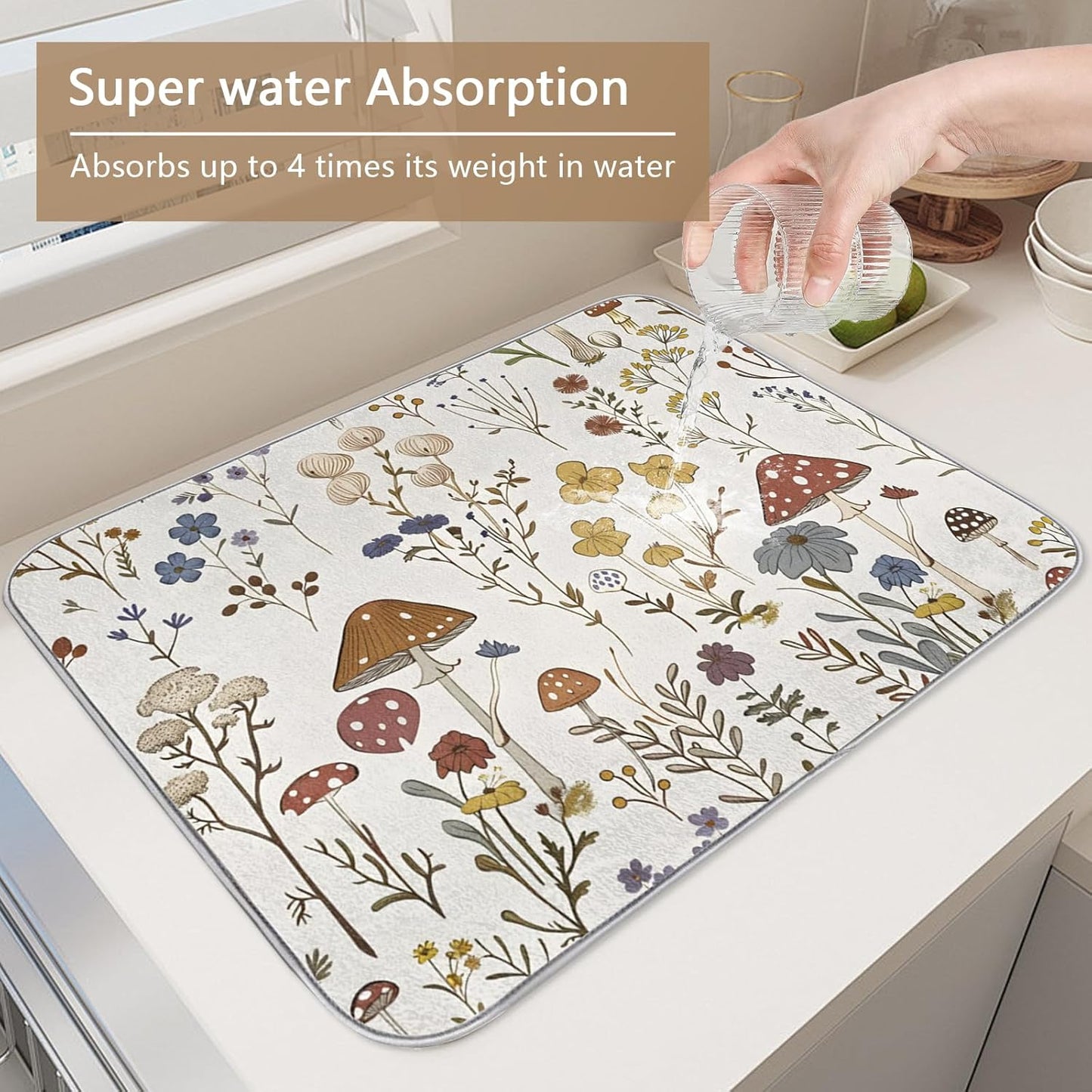 Dish Drying Mat for Kitchen - Cute Mushroom Wild Plant Print Microfiber Kitchen Mat, Non-Slip Absorbent Sink & Countertop Protector, Reusable for Dishes Bowl Cup Pan Large 18x24 Inches