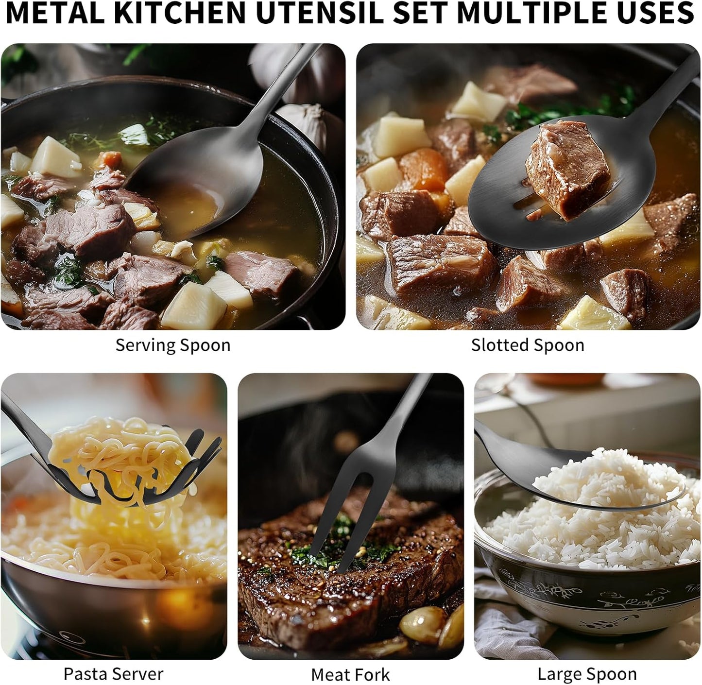 304 Stainlss Steel Kitchen Utensils Set, 10 Pcs Metal Cooking Utensil, Matte Kitchen Gadget Cookware and Kitchen Tool Set, Dishwasher Safe(Black)