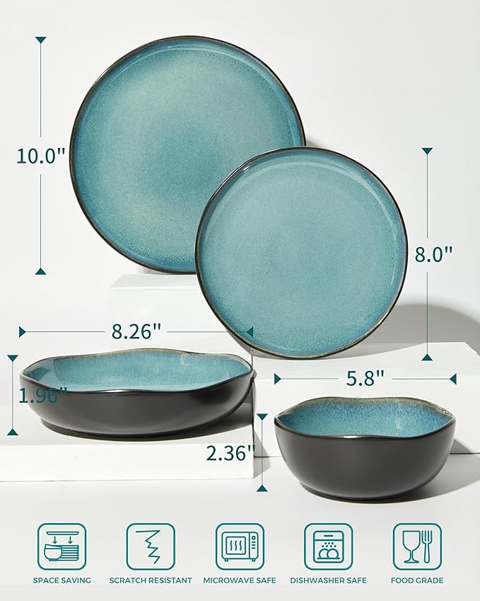32 Piece Dinnerware Set for 8 with Pasta Bowls, Green Black Reactive Glaze Stoneware | All‑in‑One Host Set for Entertaining, Holiday Meals, Multi‑Course Dinners | Unique Irregular Coastal Look