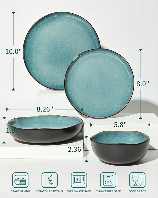 32 Piece Dinnerware Set for 8 with Pasta Bowls, Green Black Reactive Glaze Stoneware | All‑in‑One Host Set for Entertaining, Holiday Meals, Multi‑Course Dinners | Unique Irregular Coastal Look