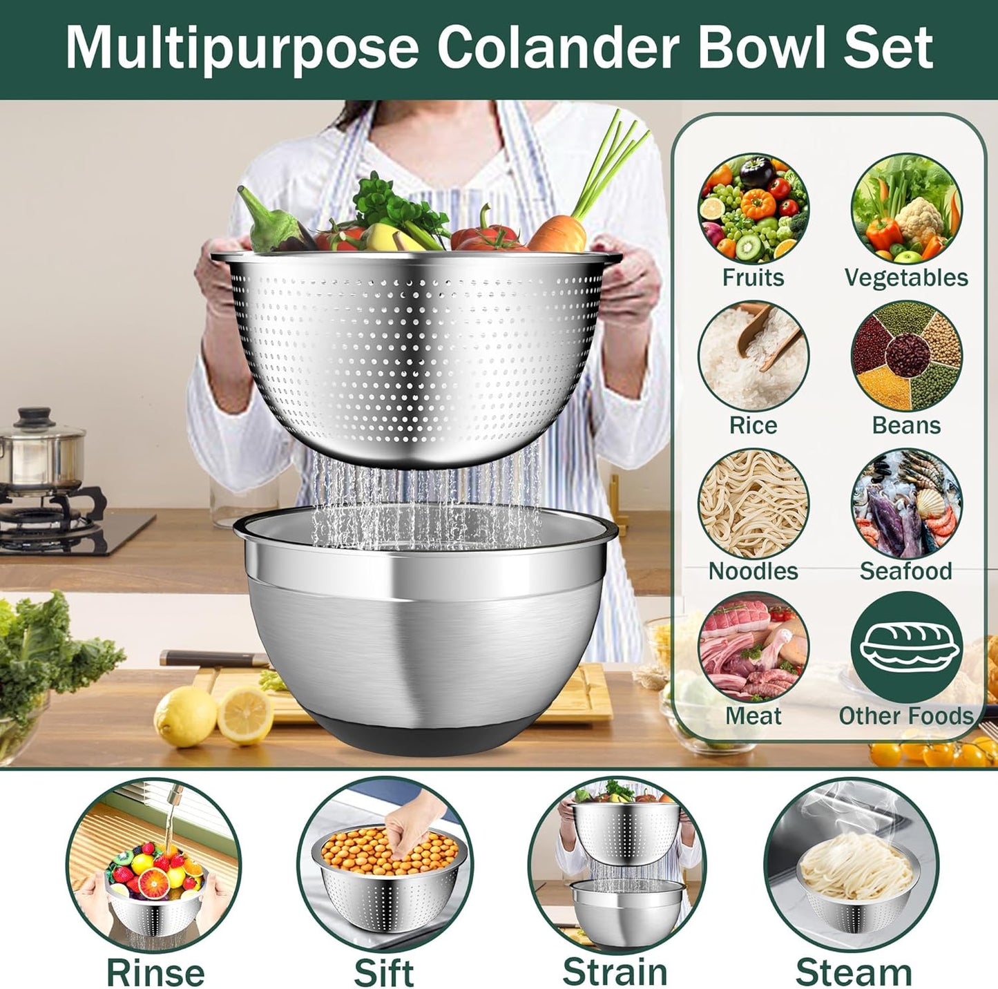 Mixing Bowls with Airtight Lids, Stainless Steel Mixing Bowl Set with 3 Metal Nesting Bowls, Colander & Grater, Non-Slip Bottoms, Size 1.5, 2.5, 5 QT, Great for Mixing & Serving, Black