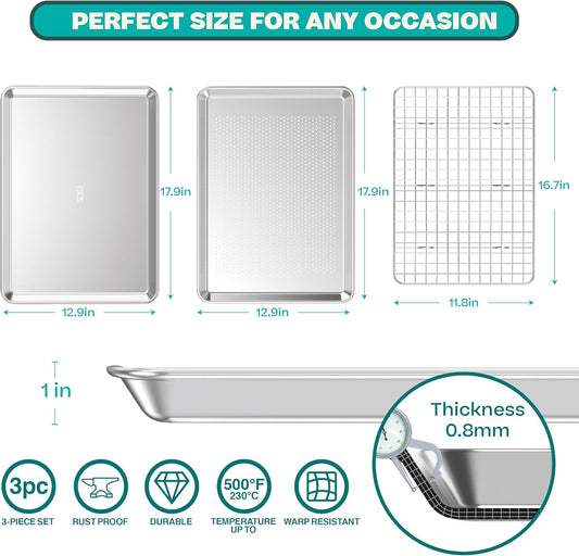 Baking Sheet with Rack Baker's Secret Pure Aluminum Non Toxic PTFE, PFAS, PFOA, BPA Free Baking Pans Set, 100% Recycled, 3pcs Bakeware Set Baking Pans Cookie Sheets 18"