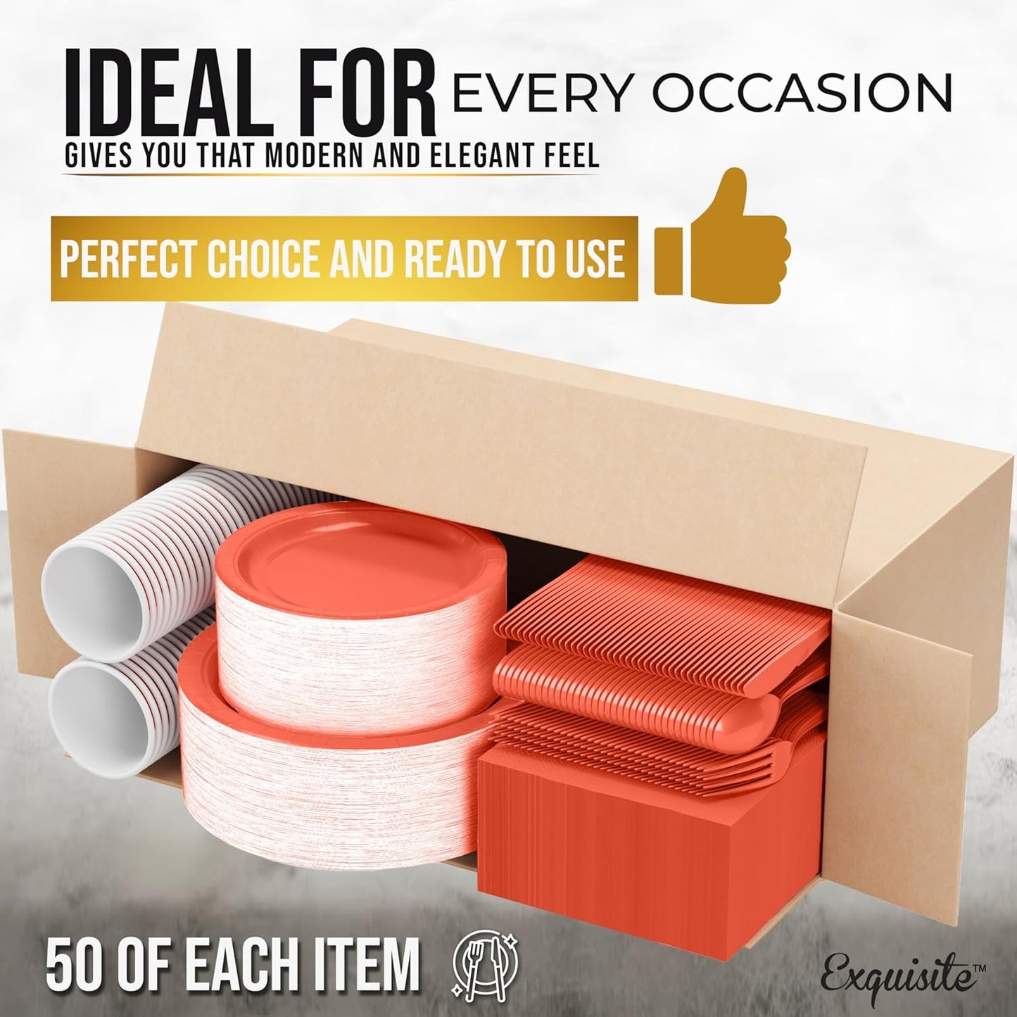 Exquisite 350 Pcs Orange Paper Plates For Party, Orange Disposable Plates Set, 50 Of Each 9" Dinner Plate Set, 7" Dessert Plate, Cups, Napkins & Cutlery Paper Dinnerware