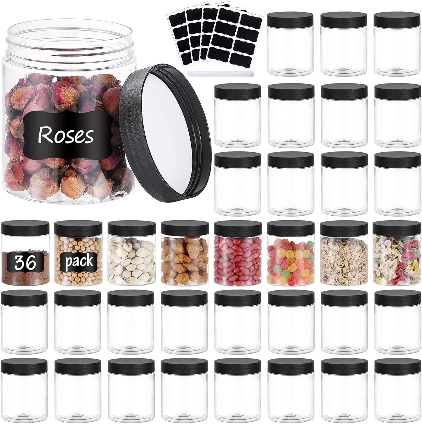 36PCS 8OZ Plastic Jars with Screw On Lids,Labels Refillable Empty Round Slime Containers for Storing Dry Food, Honey Jam, Cream, Butter, Lotion (Black)