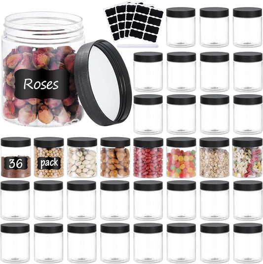 36PCS 8OZ Plastic Jars with Screw On Lids,Labels Refillable Empty Round Slime Containers for Storing Dry Food, Honey Jam, Cream, Butter, Lotion (Black)