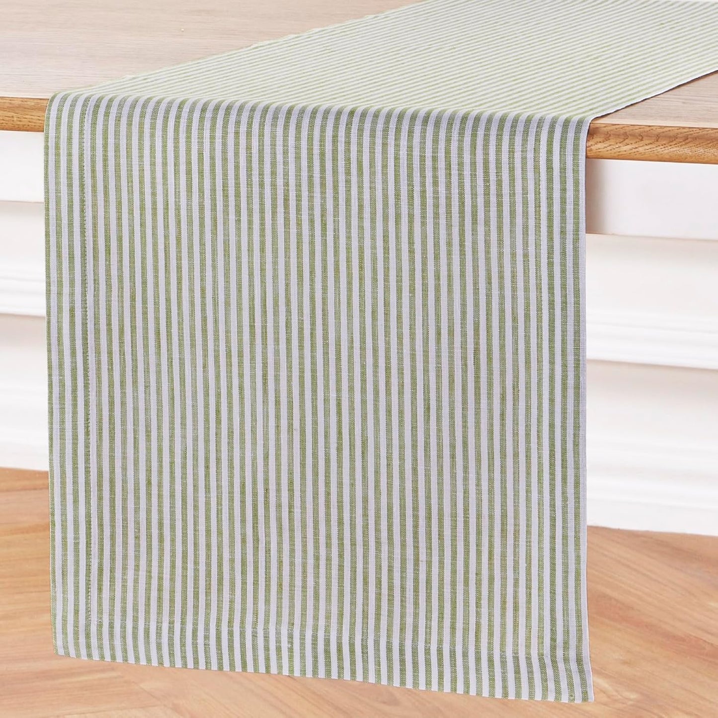 Solino Home Linen Table Runner 72 Inches Long - Narrow Stripe, 100% Pure Linen Avocado and White Table Runner 14 x 72 Inch for Dining, Dresser, Fall, Autumn, Halloween, Thanksgiving, Christmas