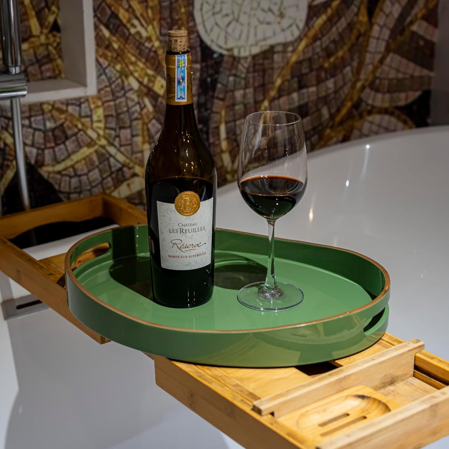 PEMAR 15.7" x 11.8" Oval Lacquer Serving Tray, Handmade Polished Coffee Table Tray w Insert Handles, Luxury Decorative Platters for Dining, Party, Dinner, Breakfast in Bed (Green)