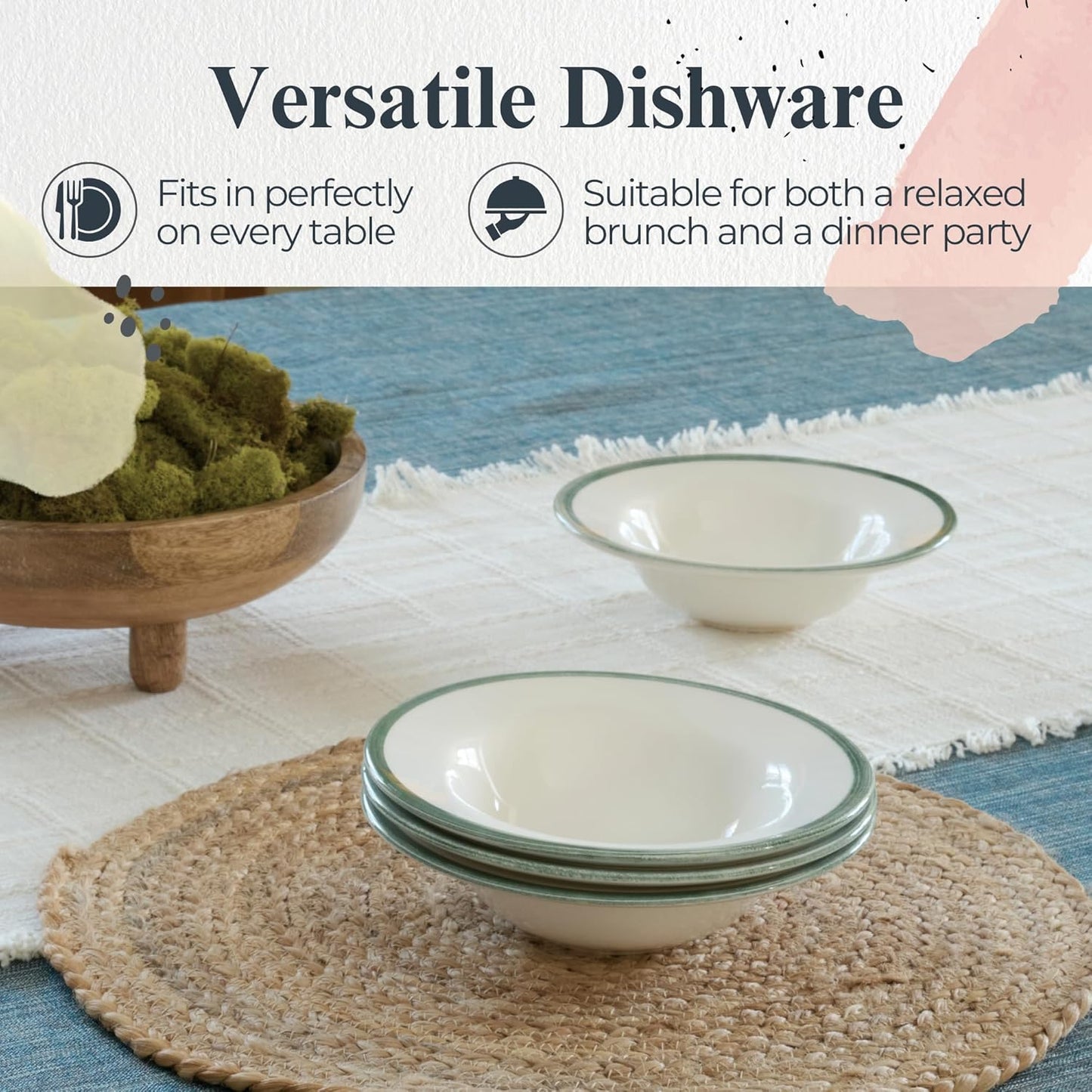 Portmeirion Potter's Brushstroke Oatmeal Bowl (Set of 4) - Ideal for Porridge, Soup, Desserts - Microwave & Dishwasher Safe Earthenware Bowls, Durable Dishware Collection - Made in UK (Green)