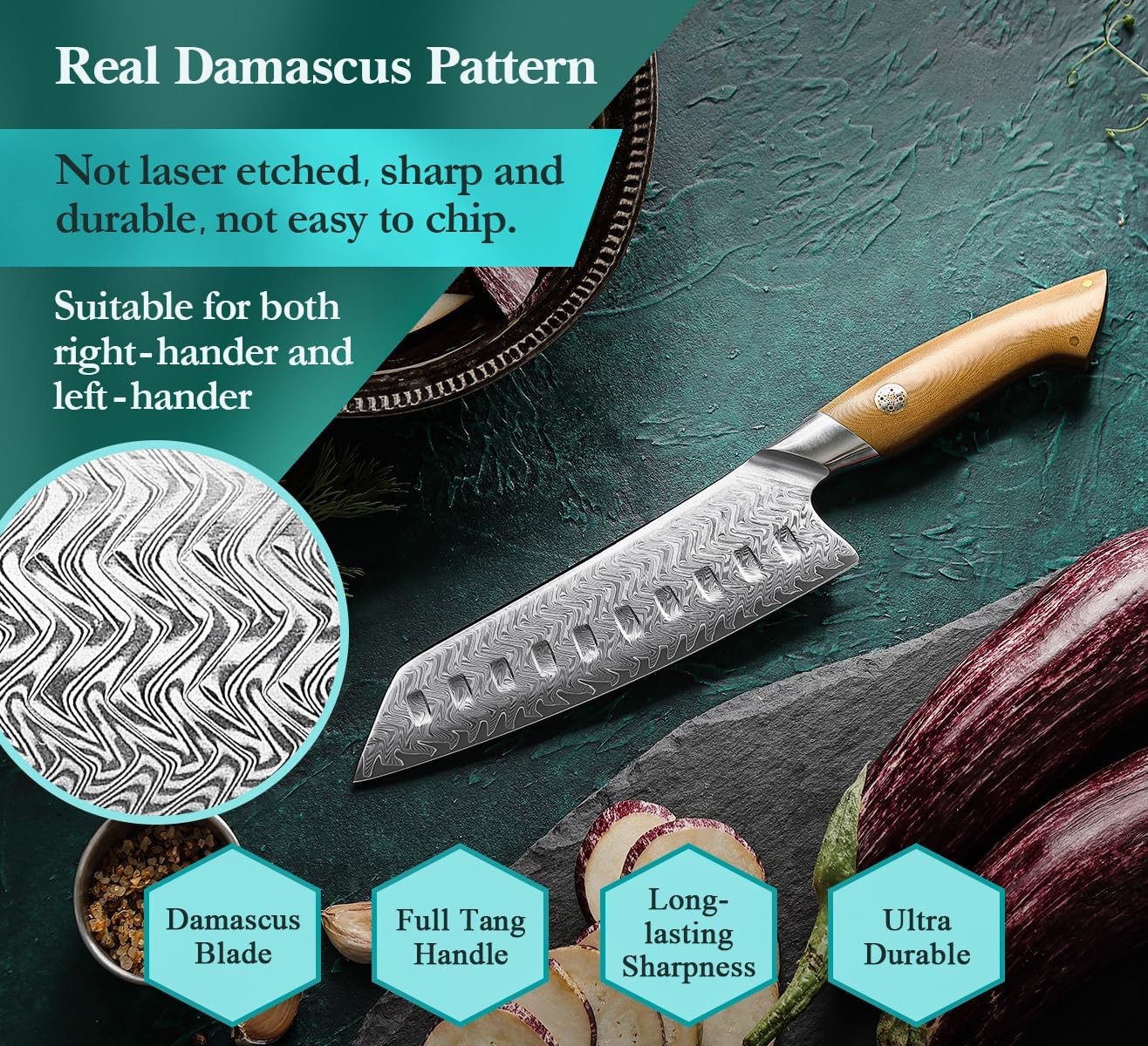 HEZHEN Damascus Santoku Knife, 7 Inches, 67 Layers Damascus Steel, Ultra Sharp Blade, Japanese Chef Knife for Professional Chefs and Home Cooking, Linen Micarta Handle, Gift Packing